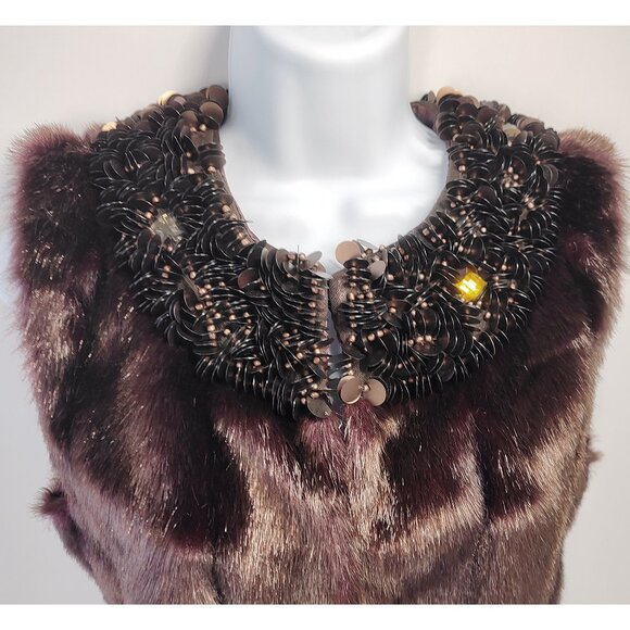 Fabulous Fur Vest Vegan Brown Plum Beaded Embellished Neck S Donna Salyers - Picture 2 of 9